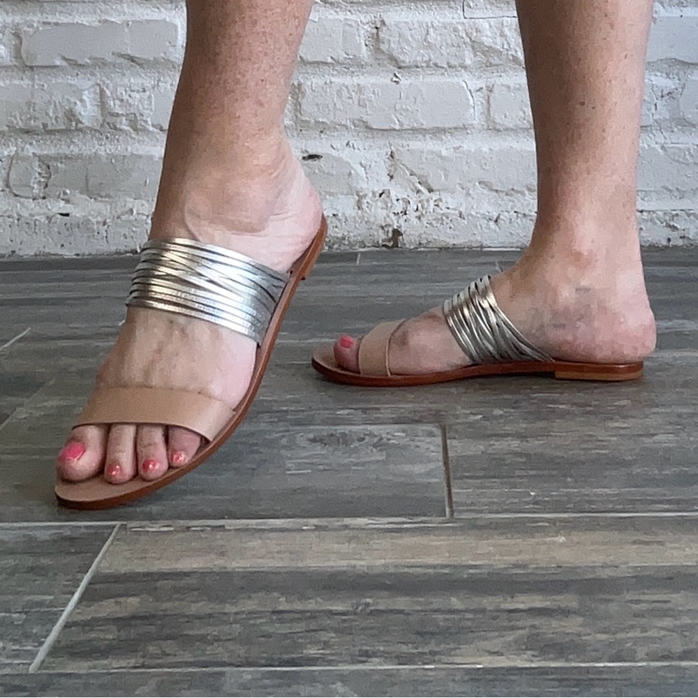 Silver and Tan Women's Slide Sandals